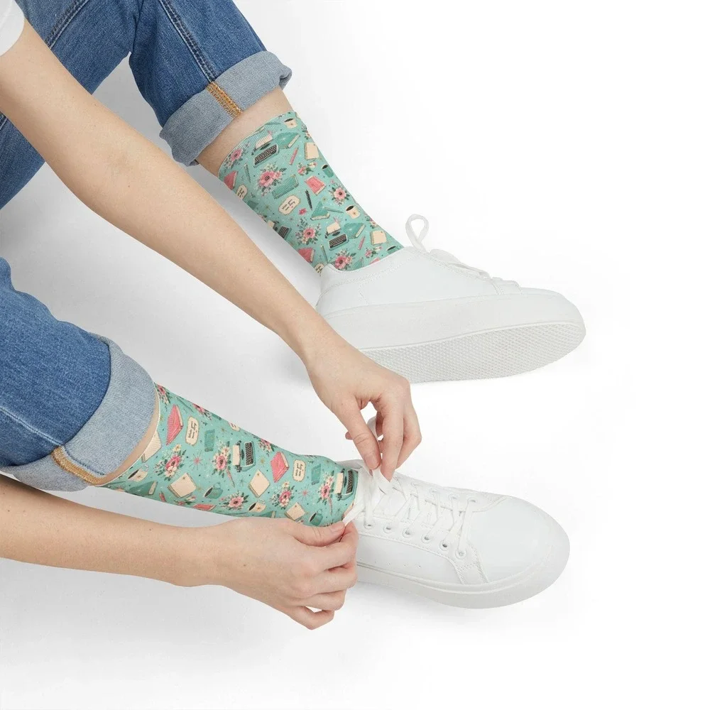 Floral Typewriter Writer Crew Socks | Teacup Pattern, Mint‎ Floral Socks